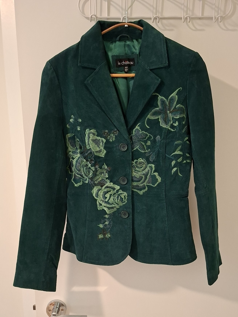 Vintage Le Chateau Genuine Suede Floral Embroidered Teal Blazer Jacket (Size XS)